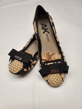 Anne Klein AK Sport Akalivia Ballet Flat Size 8 Black Tan Floral Print Bow Cap